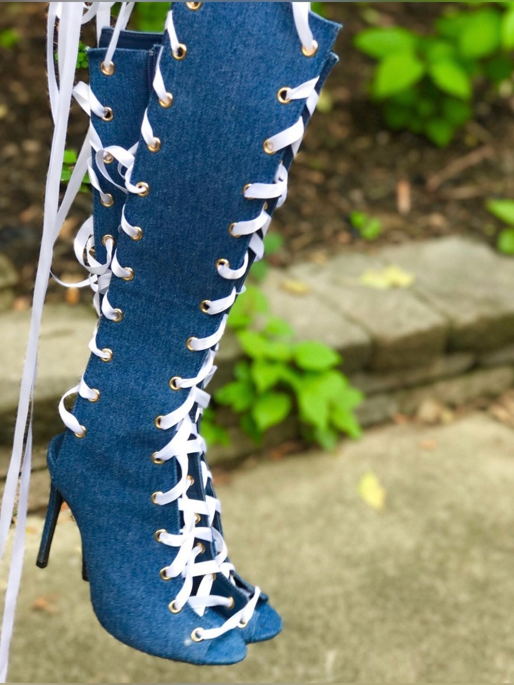 AMI CLUBWEAR Y2K Denim Corset Lace Up Peep Toe Stiletto Knee High Boots Size 6.5